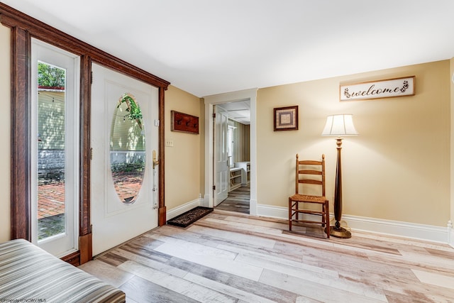 doorway to outside with light wood-type flooring