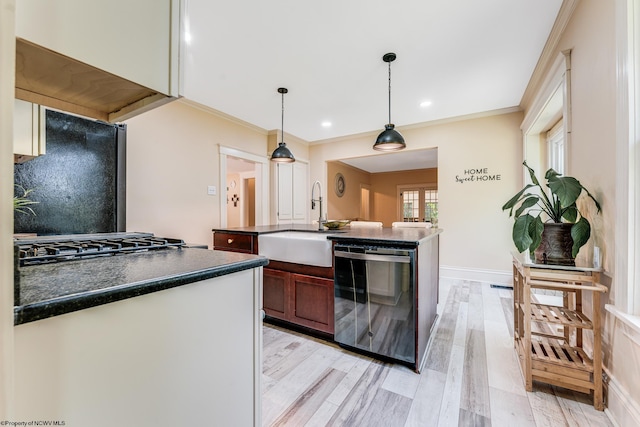 kitchen featuring dishwashing machine, black refrigerator, light wood-type flooring, and hanging light fixtures