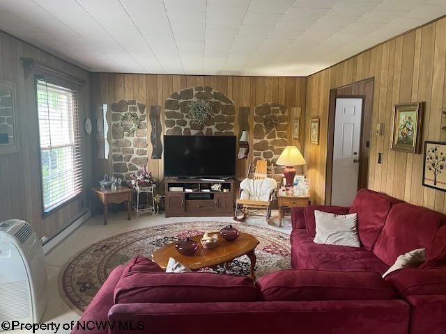 living room featuring carpet flooring and wood walls