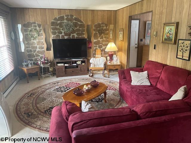 living room with carpet flooring, a baseboard radiator, a healthy amount of sunlight, and wood walls