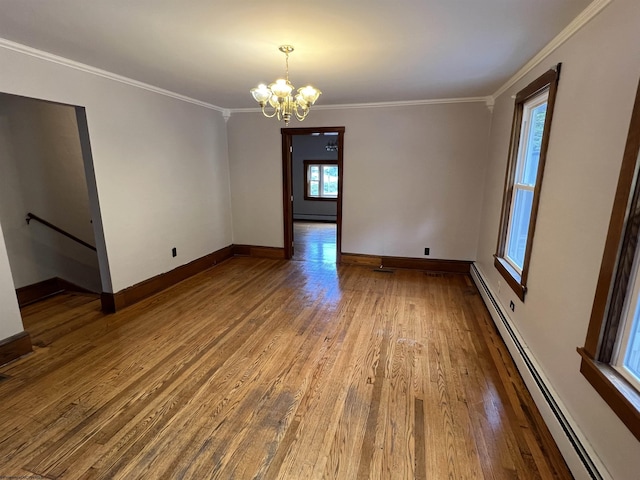 unfurnished room featuring a notable chandelier, wood finished floors, a baseboard radiator, a baseboard heating unit, and ornamental molding