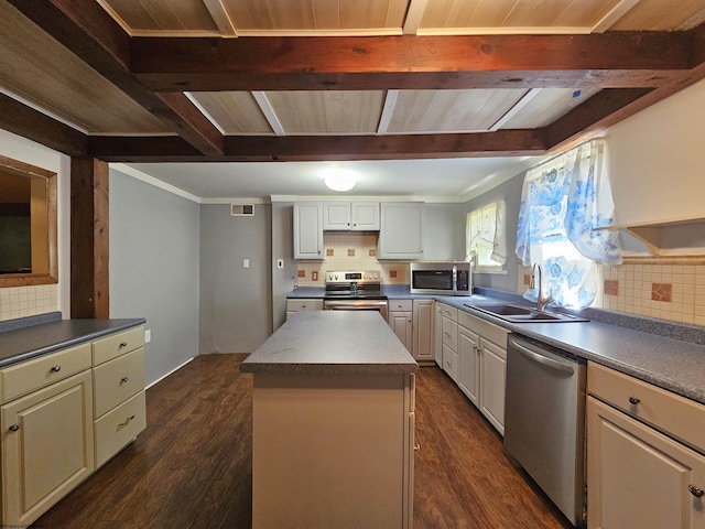 kitchen with stainless steel appliances, sink, beamed ceiling, dark hardwood / wood-style flooring, and a center island