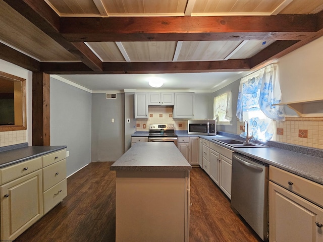 kitchen featuring dark wood-style flooring, stainless steel appliances, a sink, a kitchen island, and beamed ceiling