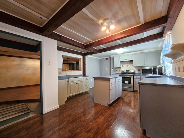 kitchen with appliances with stainless steel finishes, beam ceiling, wooden ceiling, and dark hardwood / wood-style flooring