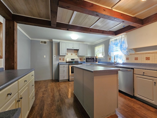 kitchen with a kitchen island, stainless steel appliances, beamed ceiling, and dark hardwood / wood-style floors