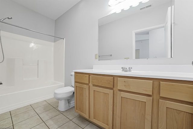 bathroom featuring visible vents, toilet, vanity, shower / tub combination, and tile patterned floors