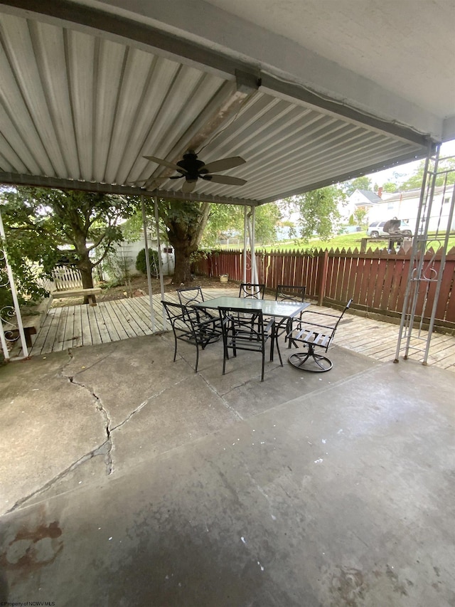 view of patio featuring a ceiling fan, outdoor dining area, and a fenced backyard