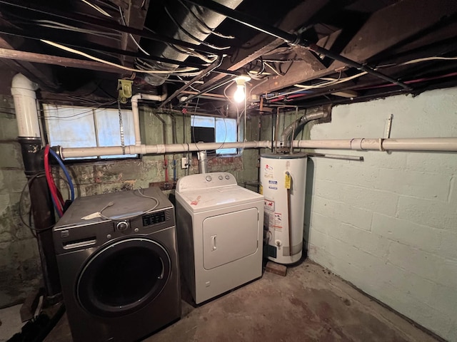 laundry area with laundry area, water heater, and washer and clothes dryer