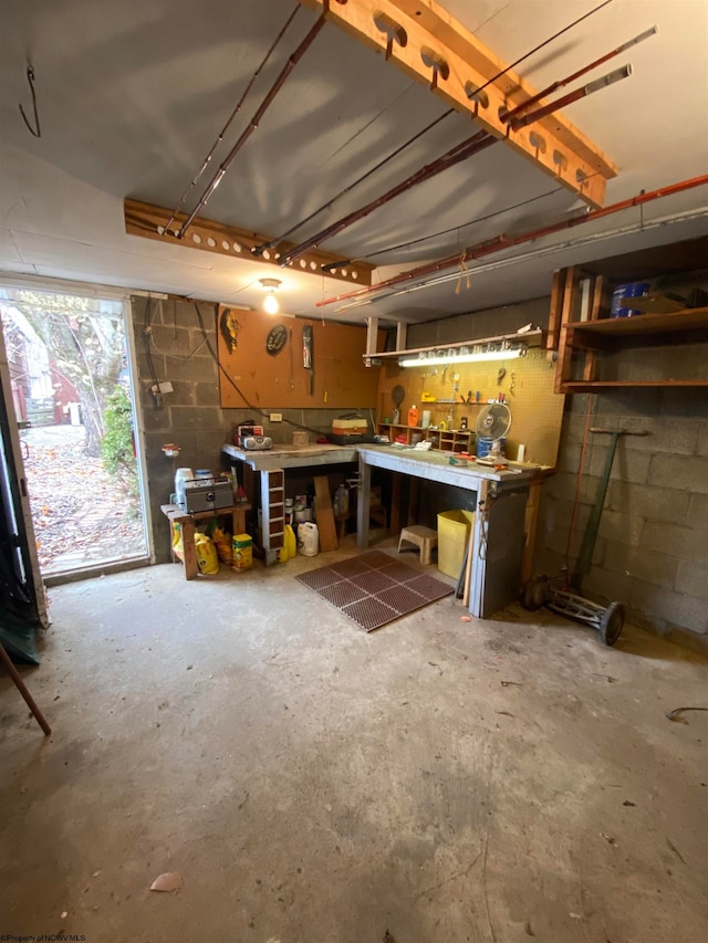 basement with a workshop area