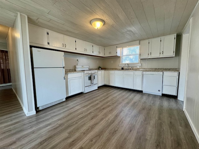 kitchen featuring white appliances, wooden ceiling, light wood-style flooring, and white cabinetry