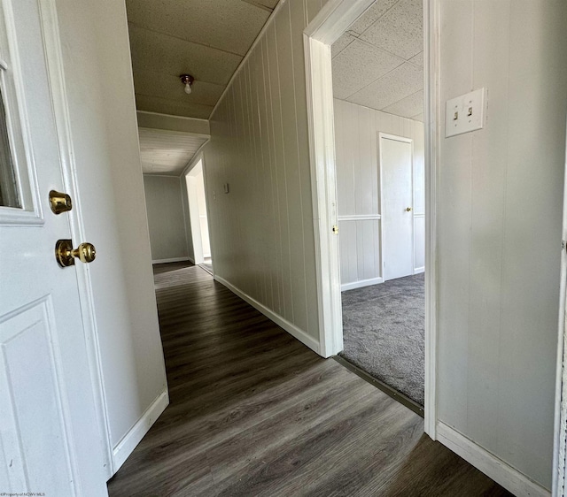 hallway with baseboards, dark wood-style flooring, a paneled ceiling, and wooden walls