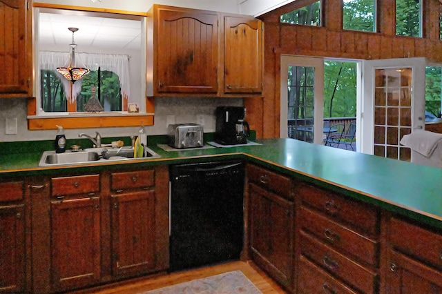 kitchen with sink, tasteful backsplash, light hardwood / wood-style flooring, and black dishwasher