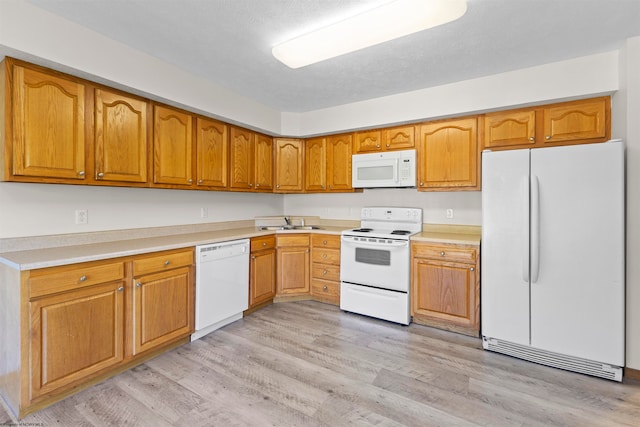 kitchen with sink, white appliances, and light hardwood / wood-style flooring