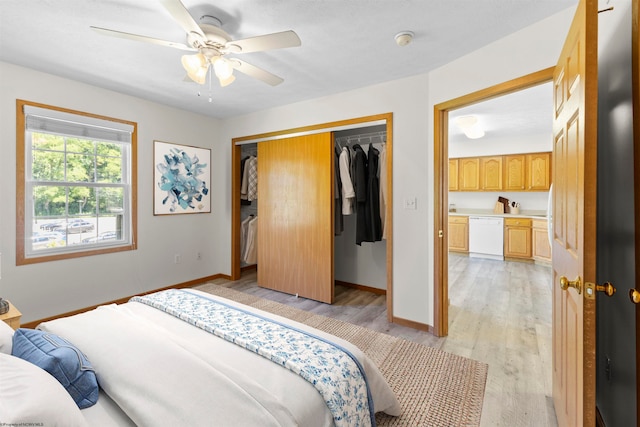 bedroom with ceiling fan, a closet, and light hardwood / wood-style floors