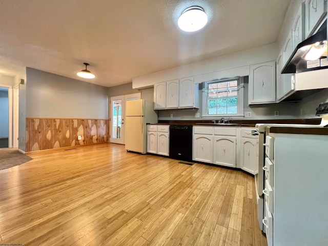 kitchen featuring extractor fan, white refrigerator, dishwasher, range, and white cabinetry