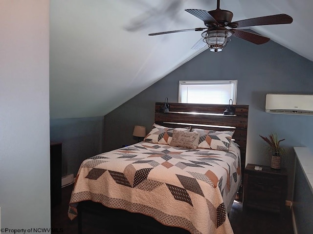 bedroom with ceiling fan, lofted ceiling, a wall mounted AC, and a baseboard radiator