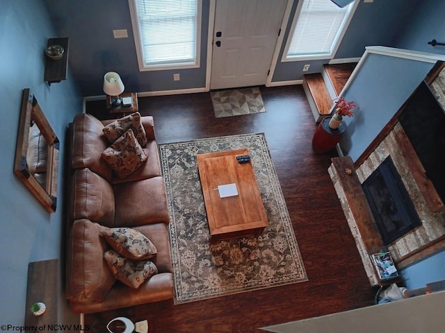 living room with dark hardwood / wood-style flooring and a fireplace