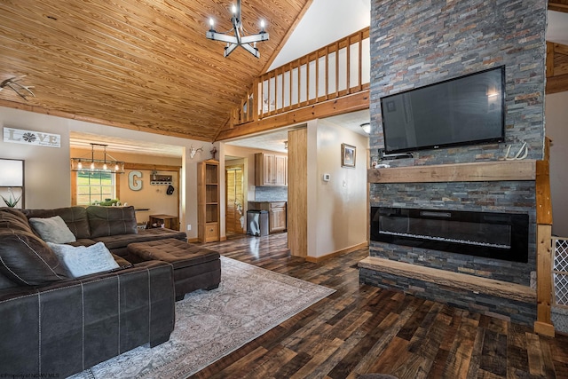 living room with high vaulted ceiling, a stone fireplace, dark hardwood / wood-style flooring, a chandelier, and wooden ceiling