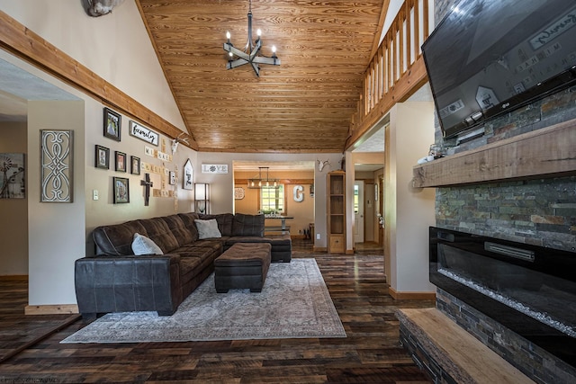 living room featuring high vaulted ceiling, wooden ceiling, an inviting chandelier, and dark hardwood / wood-style floors