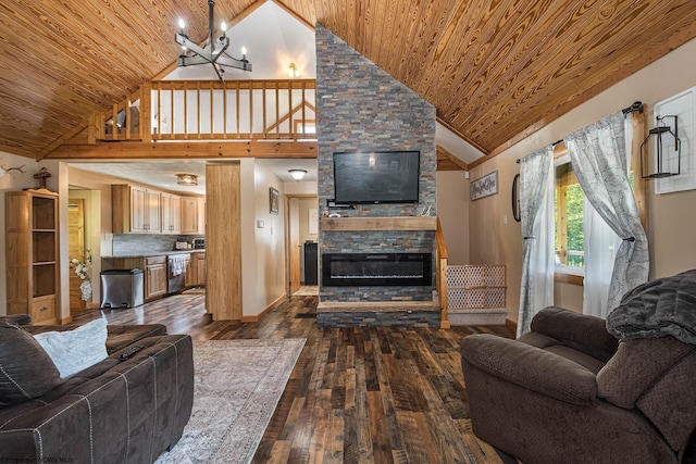 living room featuring high vaulted ceiling, dark wood-type flooring, a fireplace, wood ceiling, and an inviting chandelier