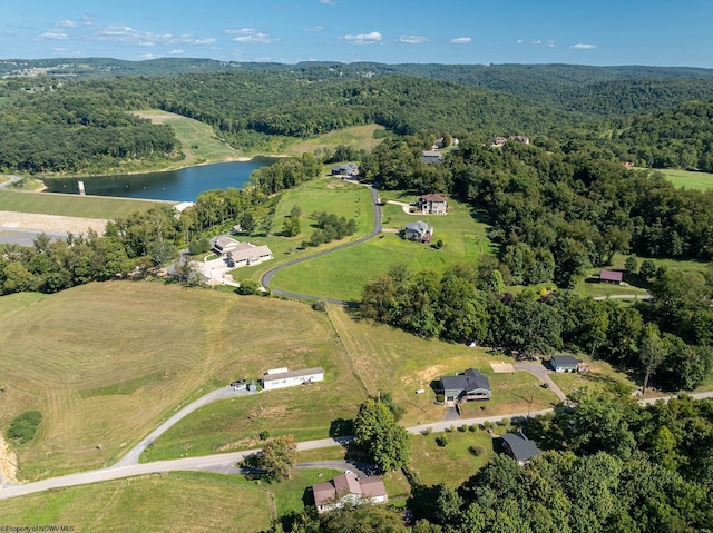 birds eye view of property with a water view and a wooded view