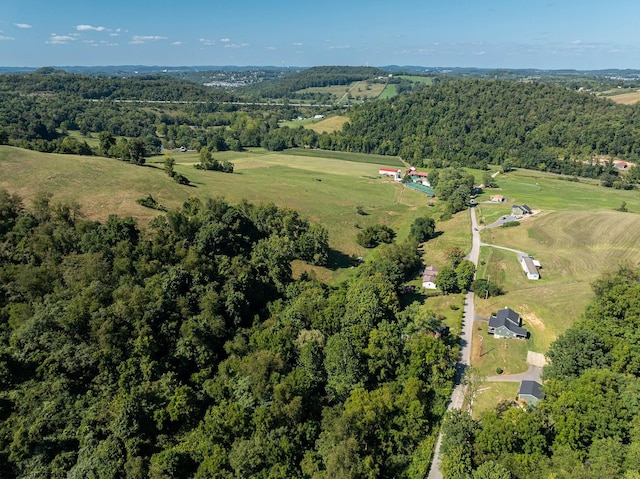 aerial view featuring a wooded view