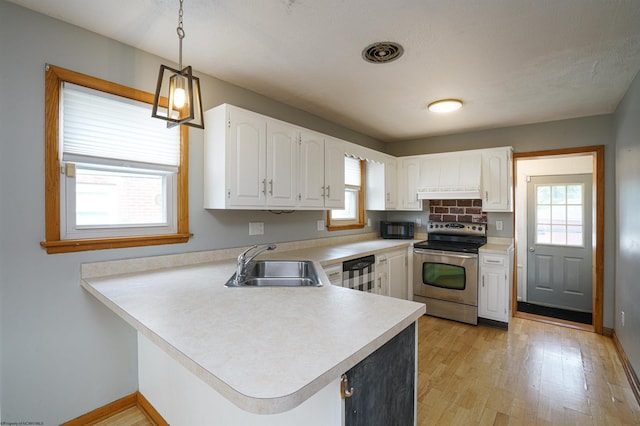 kitchen with pendant lighting, stainless steel electric range, light hardwood / wood-style floors, kitchen peninsula, and sink