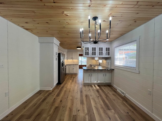 kitchen featuring wooden ceiling, stainless steel fridge with ice dispenser, sink, a chandelier, and white cabinetry