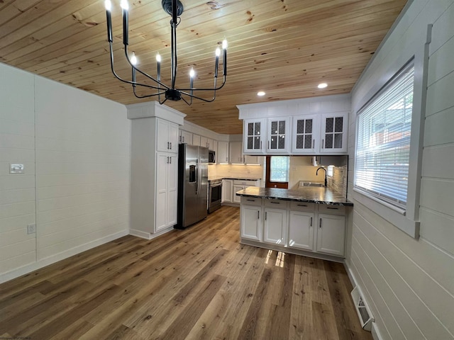 kitchen featuring an inviting chandelier, sink, wooden ceiling, appliances with stainless steel finishes, and white cabinets