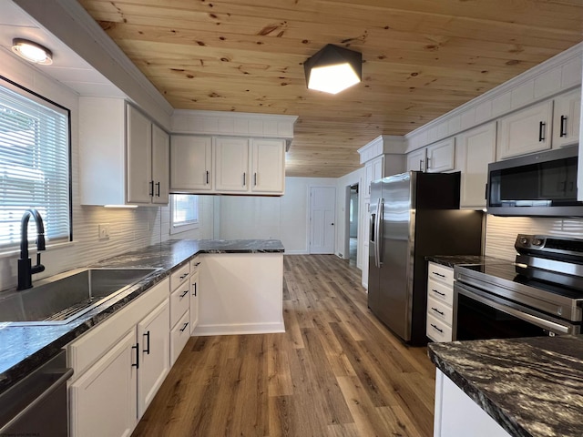 kitchen with white cabinetry, sink, wooden ceiling, appliances with stainless steel finishes, and hardwood / wood-style flooring