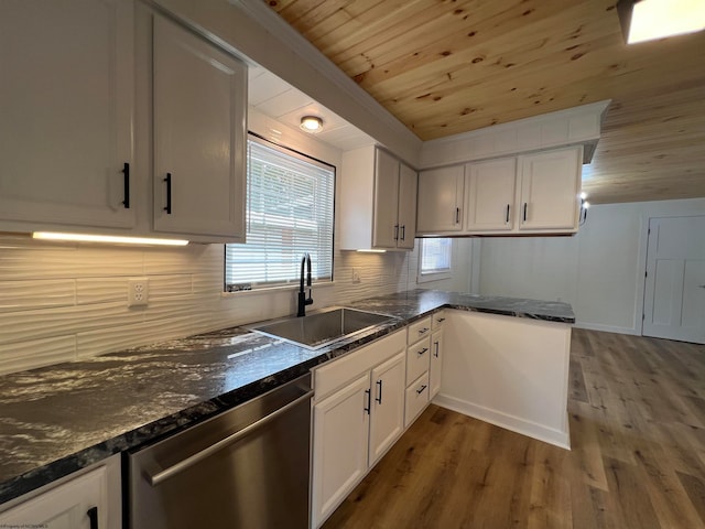 kitchen featuring stainless steel dishwasher, hardwood / wood-style floors, white cabinets, and sink