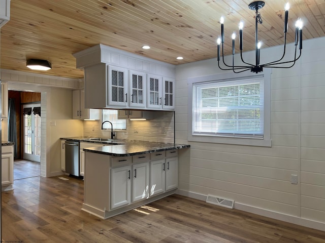 kitchen featuring wooden ceiling, dark hardwood / wood-style flooring, white cabinetry, and a healthy amount of sunlight