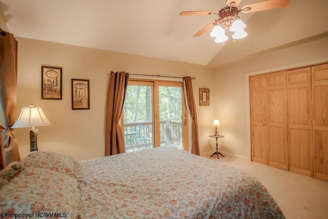 bedroom featuring carpet, access to exterior, ceiling fan, a closet, and vaulted ceiling