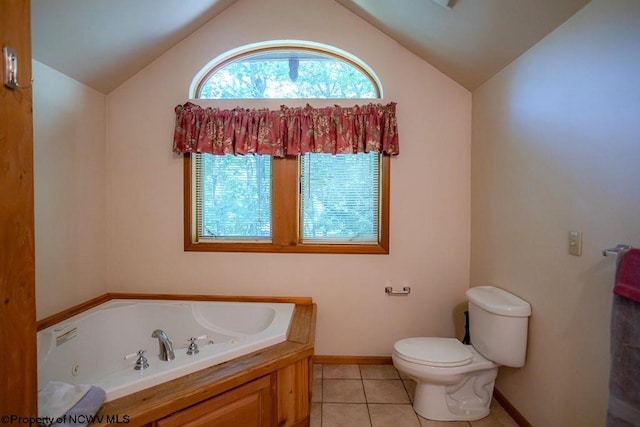 bathroom featuring vaulted ceiling, a bath, toilet, and tile patterned floors