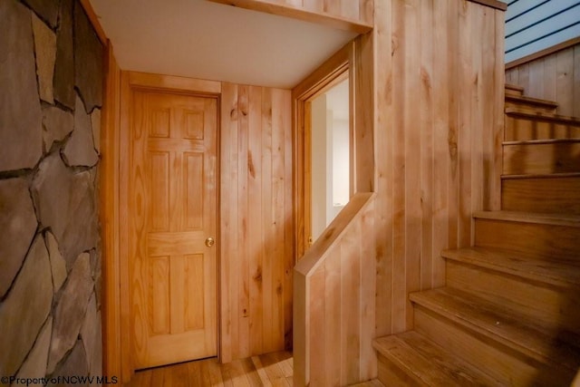 stairs with wood walls and hardwood / wood-style floors