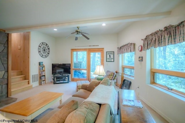 carpeted living room with ceiling fan and beam ceiling