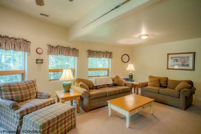 carpeted living room featuring ceiling fan and beamed ceiling