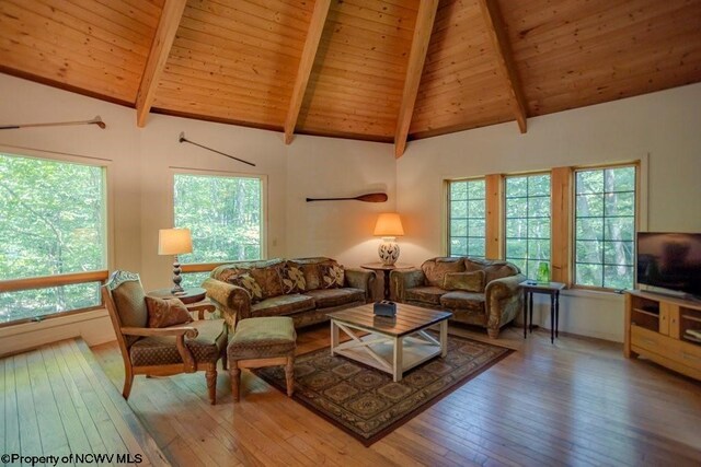 living room featuring hardwood / wood-style flooring, beamed ceiling, and wooden ceiling