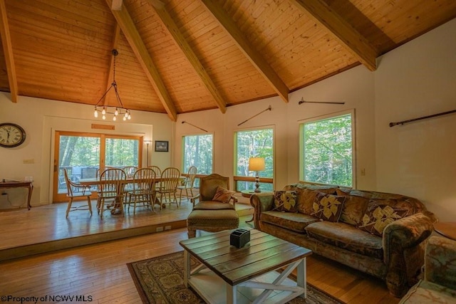 living room featuring wood ceiling, high vaulted ceiling, beamed ceiling, and light wood-type flooring