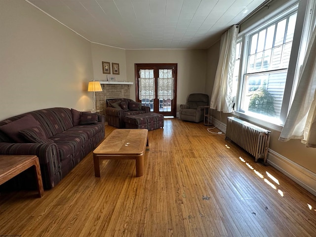 living room featuring a fireplace, radiator, and hardwood / wood-style flooring