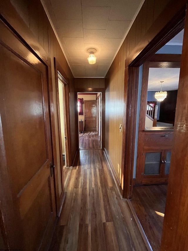 hallway featuring dark wood-style floors, crown molding, wood walls, and an inviting chandelier