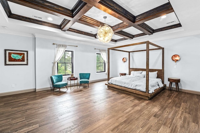 unfurnished bedroom with beamed ceiling, coffered ceiling, dark hardwood / wood-style flooring, and crown molding