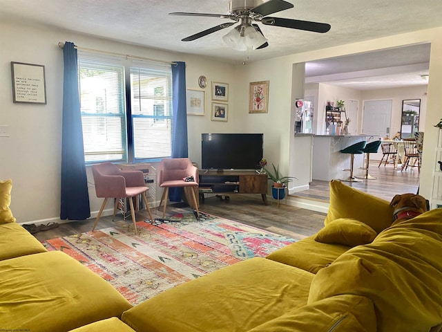 living room featuring ceiling fan, hardwood / wood-style floors, and a textured ceiling