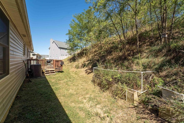 view of yard with cooling unit and a wooden deck