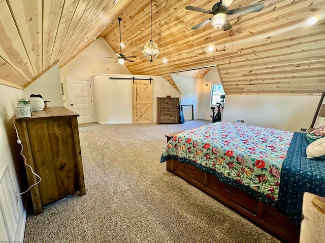 carpeted bedroom featuring wood ceiling, lofted ceiling, ceiling fan, and a barn door