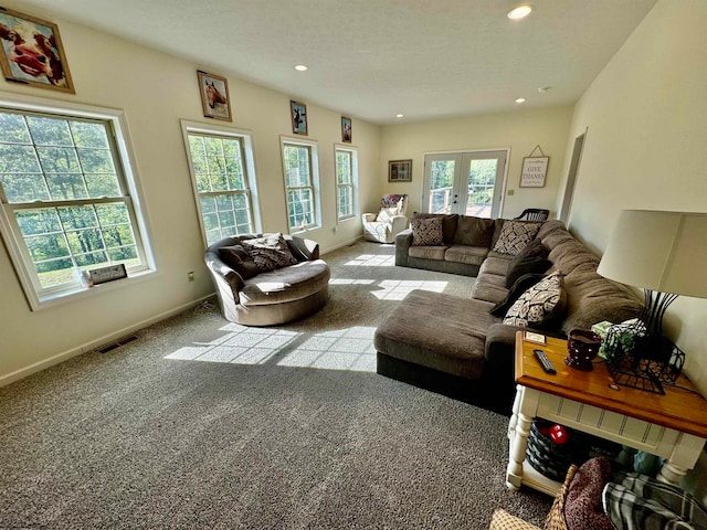 carpeted living room with a tiled fireplace and french doors