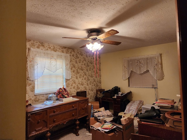 413 Green Acres Cir, Spencer, WV 25276 - carpeted office space featuring a textured ceiling, wallpapered walls, and ceiling fan