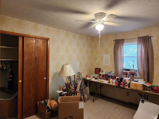 413 Green Acres Cir, Spencer, WV 25276 - office featuring a textured ceiling, wallpapered walls, and a ceiling fan