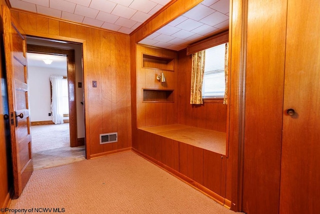 mudroom with carpet flooring and wooden walls