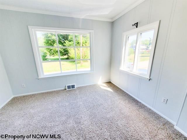 empty room with ornamental molding and carpet